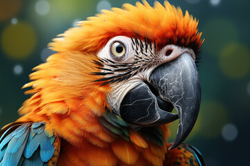 Obraz premium Exotic macaw and colored parrot. A captivating encounter with vibrant feathers, enchanting gaze, and the natural beauty of wildlife in its tropical habitat