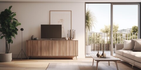 Modern living room interior with door and sideboard