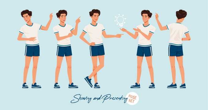 Sporty teenage active boy set showing presenting poses. Young man wearing activewear athletic boy player outfit. Health wellness, physical education, fitness male coach. Cartoon character illustration