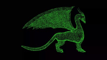 3D Fairytale Dragon on black background. Traditional Oriental Dragon. A fabulous fantasy concept. For title, text, presentation. Shimmering particles. 3d animation.