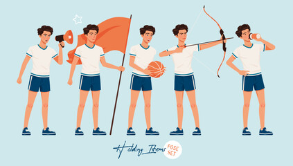 Obraz premium Sporty teenage active boy flag, ball, bow, loudspeaker set poses. Young man, activewear athletic boy player outfit. Health wellness, physical education, fitness coach. Cartoon character illustration