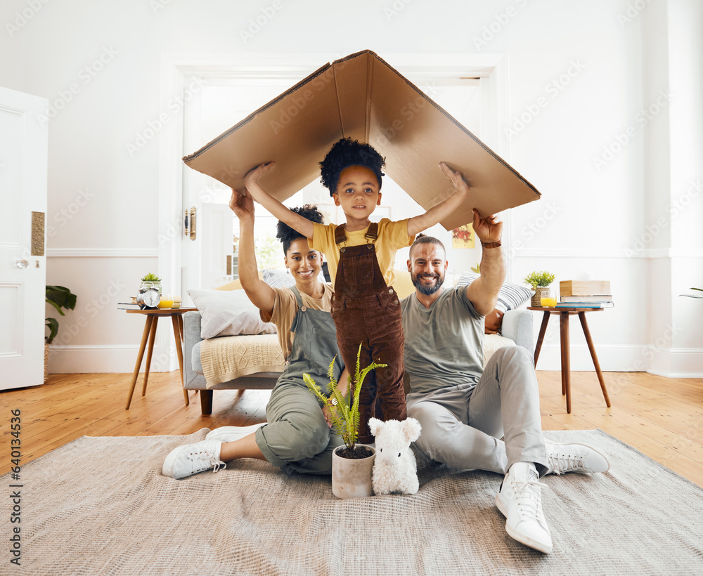 Poster Portrait, family and a boy with cardboard for insurance in the living room of their home together. Mother, father and daughter in a house for security or safety in real estate and property finance