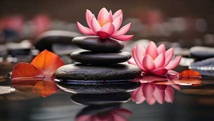 Stack of stones in water with lotus flower. A symbolic depiction of tranquility, balance, and natural harmony for wellness and relaxation