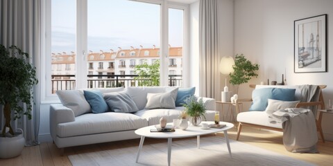 Fototapeta na wymiar Scandinavian apartment panorama. Interior design of modern living room