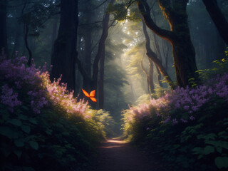 Obraz premium The glowing dreamy forest scene with trees whispering secrets and flowers emitting radiant glows. Foresst background with butterflies and beautiful flowers.