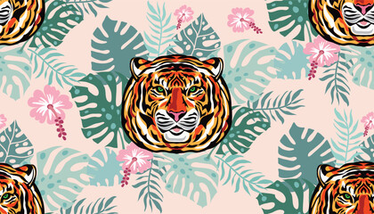 Tiger  and tropical plants, flowers,  leaves. Beautiful  seamless pattern  iin cartoon realistic style Modern fashion print  background animal skin for textile, fabric, wallpaper  Vector  art  illustr