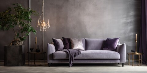 Stylish gray velvet sofa against stucco wall. Interior design of modern living room
