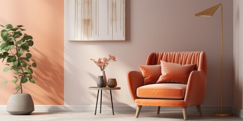 Terra cotta armchair in bright apartment. Interior design of modern living room.