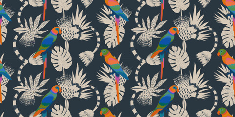 Exotic artistic tropical pattern with leaves, flowers and parrots. Botanical abstract collage seamless pattern. Hand drawn unique print.