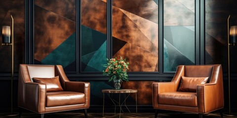 Two leather armchairs in room with wall decorated with copper paneling. Interior design of modern living room