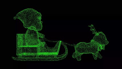 Santa in sleigh on black bg. Merry Christmas happy holidays. Xmas and New Year concept. Winter traditions. For title, text, presentation. Business advertising backdrop. 3D animation.