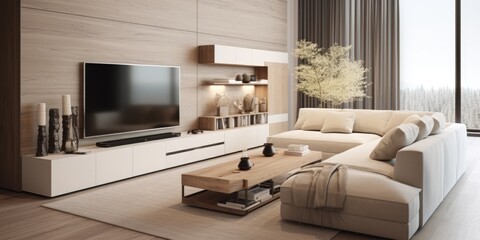  White sofa and tv unit. Interior design of loft living room