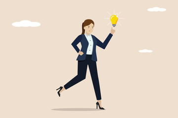 Businesswoman thinking about idea, finding solution, skill to solve problem concept, cheerful businesswoman gets new idea light bulb in her hands.