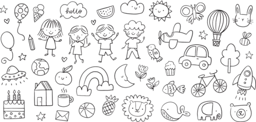 Gordijnen Vector hand-drawn kids doodle set. Drawings for children on white background. Children, baby, school related design elements set.  © mgdrachal