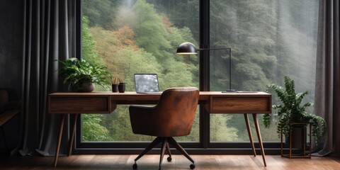 Wooden chair and desk near window. Interior design of modern home workplace