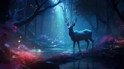 Fototapeten Cute deer walks through thick forest neon light wallpaper image Ai generated art © Protap Biswas