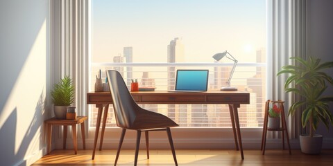 Fototapeta premium Wooden chair and desk near window. Interior design of modern home workplace