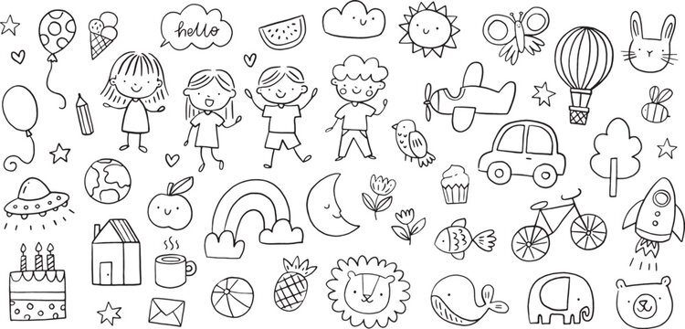 Vector hand-drawn kids doodle set. Drawings for children on white background. Children, baby, school related design elements set.	