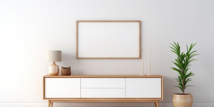 Wooden dresser over white wall with mock up poster. Modern design scandinavian interior of living room