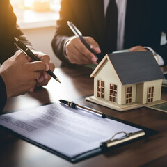 Real estate agent talked about the terms of the home purchase agreement and asked the customer to sign the documents to make the contract legally, Home sales and home insurance concept