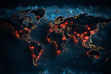 A digital map of the world, glowing at ransomware-affected areas, demonstrates the global scale and reach of such cyber attacks - obrazy, fototapety, plakaty
