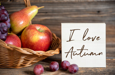 Fall Decoration with Fruits and Text I Love Autumn