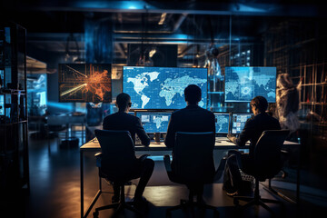 A team of IT experts huddle around screens, fervently discussing strategies to combat a pressing ransomware emergency