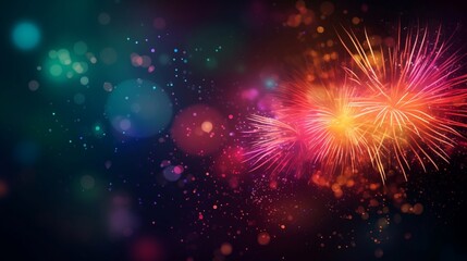 Fireworks on colorful bokeh background. Happy New Year. Generative AI.