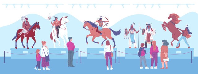 People visiting museum about Indian Americans, flat vector illustration.