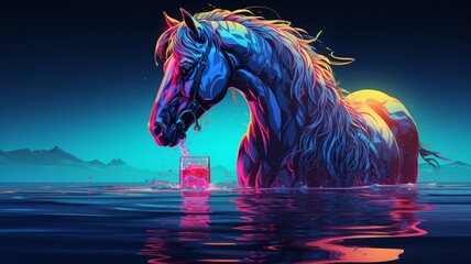Horse drinking neon glowing signs illustration picture Ai generated art
