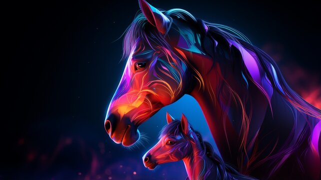 Horse caressing its calf neon signs illustration image Ai generated art