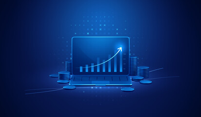 Growth business laptop finance investment analysis graph on digital computer strategy 3d background of financial marketing technology success chart profit stock money diagram currency market concept.
