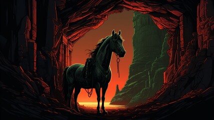 Horse sitting cave neon glowing peakpx wallpaper image Ai generated art - obrazy, fototapety, plakaty