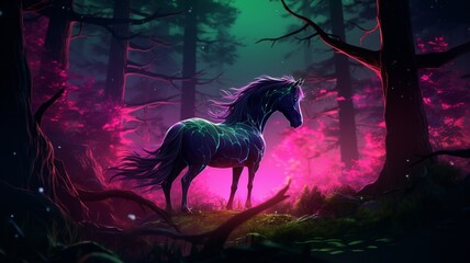 Horse walks through forest neon wallpaper image Ai generated art
