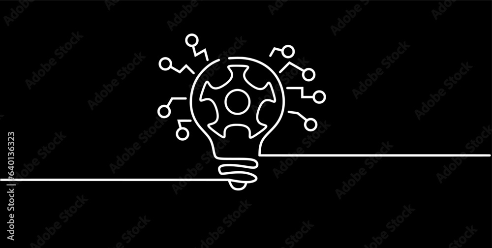 Wall mural Continuous one line drawing of electric light bulb. Concept of idea emergence. Vector illustration. Black background