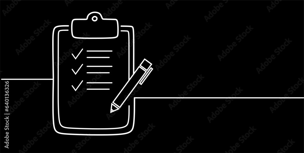 Wall mural Clipboard with checklist. Continuous line one drawing. Vector illustration. Simple line illustration. Black background