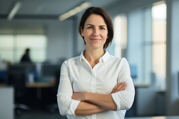 Confident female businessperson leader employer or employee with arms crossed in modern office