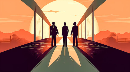 Silhouettes of men on the bridge at sunset, generative AI.