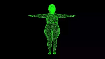 3D Fat woman on black bg. Unhealthy lifestyle, diet. Body Fat Overweight. Healthcare and good body shape concept. Health Problems, Fat. For title, text, presentation. 3d animation.