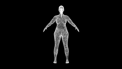 3D Fat woman on black bg. Unhealthy lifestyle, diet. Body Fat Overweight. Healthcare and good body shape concept. Health Problems, Fat. For title, text, presentation. 3d animation.