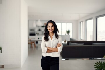 Fototapeta premium Indian female real estate agent standing in new home apartment. House rental service advertisement