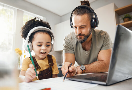 Online Education, Dad And Child In Home With Headphones, Laptop And Homework For Virtual Class. Computer, Father And Boy Working Together For Elearning, Help With Writing And Kid In Kitchen With Man.