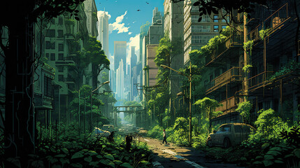 Urban jungle with skyscrapers and vines