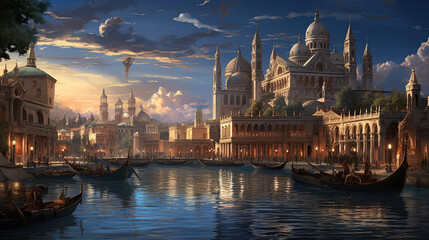 Renaissance-inspired cityscape with gondolas
