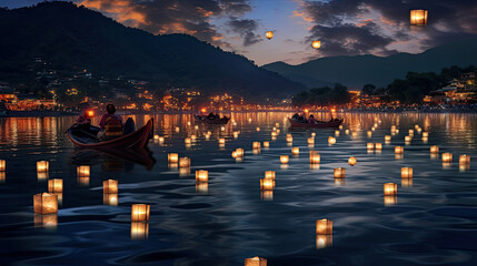 Fototapeta na wymiar Floating lantern festival in a tranquil lake