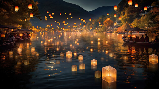 Floating lantern festival in a tranquil lake