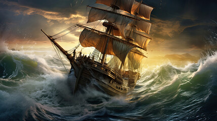 Naklejka premium Ancient pirate ship on a stormy sea