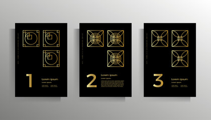 Cover for book, brochure, booklet, flyer, poster, folder, textbook. Elegant design with golden linear geometric shapes. Set of A4 format vector templates