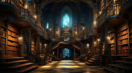 Ancient library with towering bookshelves