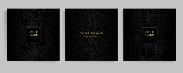 Cover design grunge texture. Abstract background color black with gold set of templates for folder, invitation, menu, flyer, catalog, brochure. Vector illustration in square format.